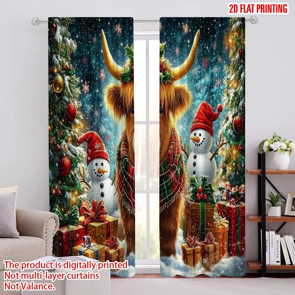 

Flat Printing Merry Christmas Curtain Highland Cow Snowman Fabric Without Electricity Festive Wall Decor Curtains Set Of 2 Made Polyester W100*H70(CM)-Rod Pocket&1PCS