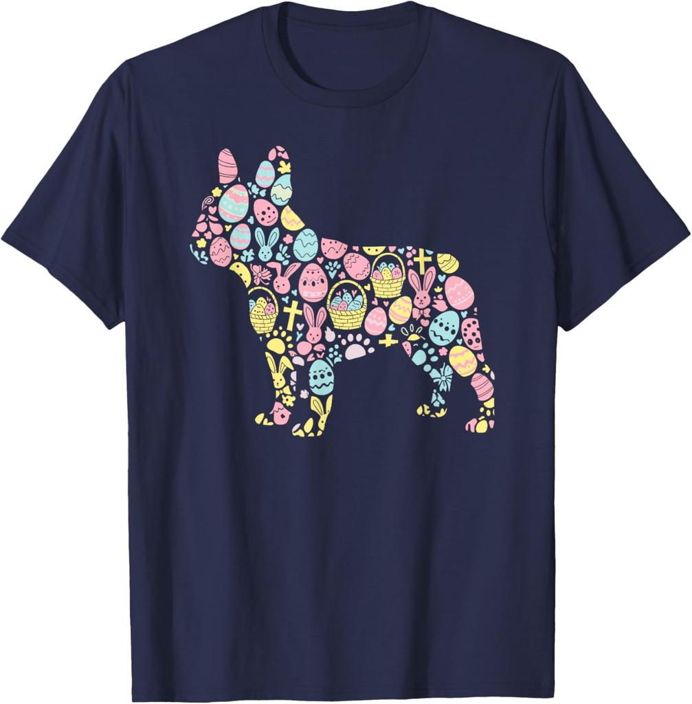 French Bulldog Easter Egg Collage Graphic Tee Men Women Casual Trip T-Shirt