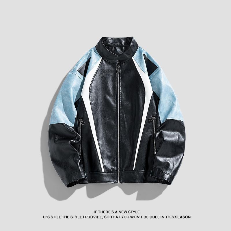 American PU Leather Jacket for Men, Spring and Autumn New Stand-up Collar Biker Jacket, Versatile Trendy Thin Jacket for Men