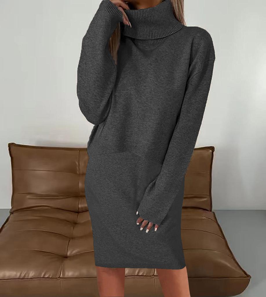 Women Turtleneck Sweater Dress Long Sleeve Loose Fit Knit Mini Dress Solid Color Casual Pullover Dress