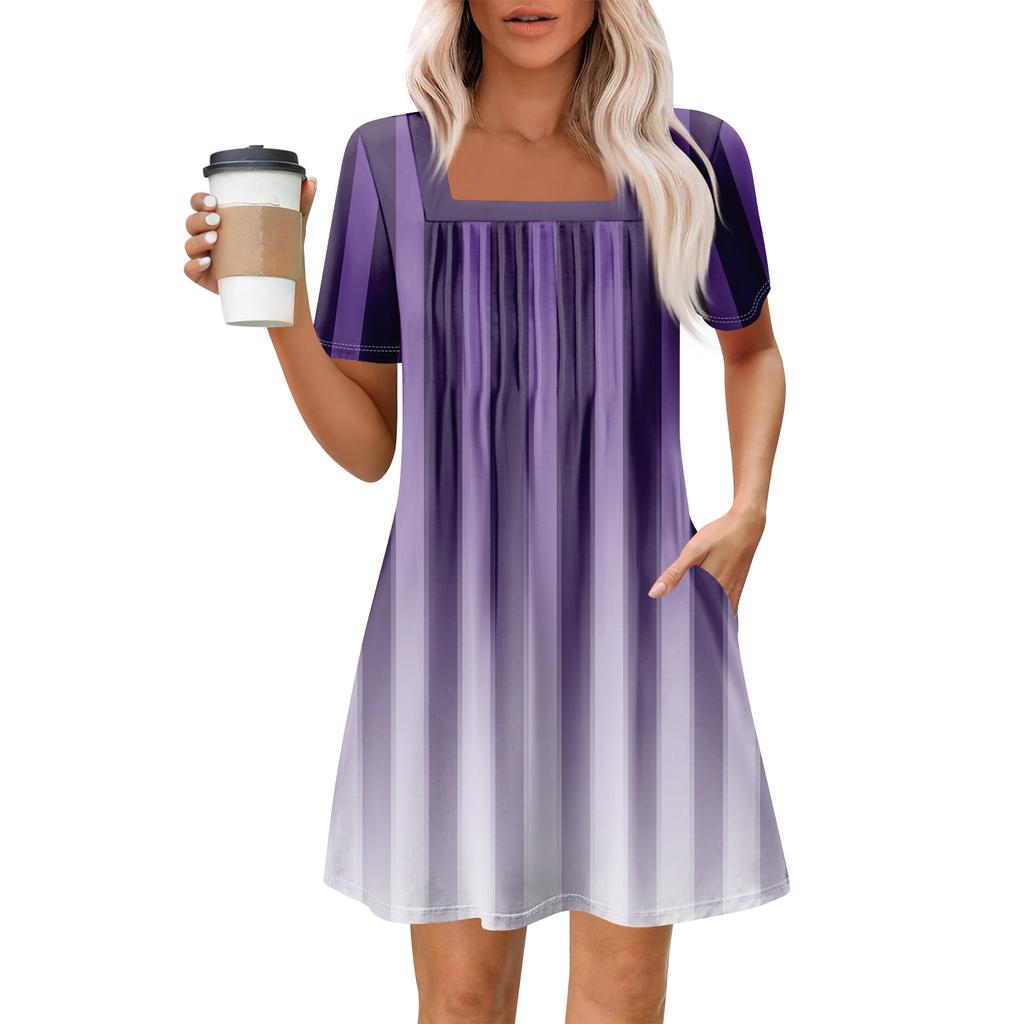 Rochii cu mânecă scurtă, cu mânecă scurtă, cu buzunare, cu gât pătrat, ocazional de vară