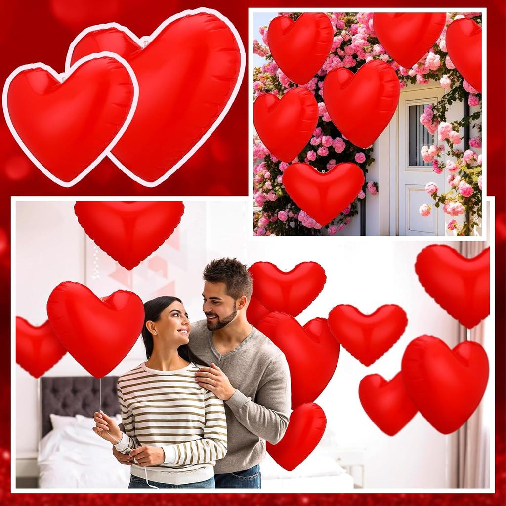 Jetec 12 Pcs Giant Valentine's Day Inflatable Heart Blow up Outdoor Decorations Include 6 Pcs 24'' and 6 Pcs 16'' PVC Valentines Outdoor Heart