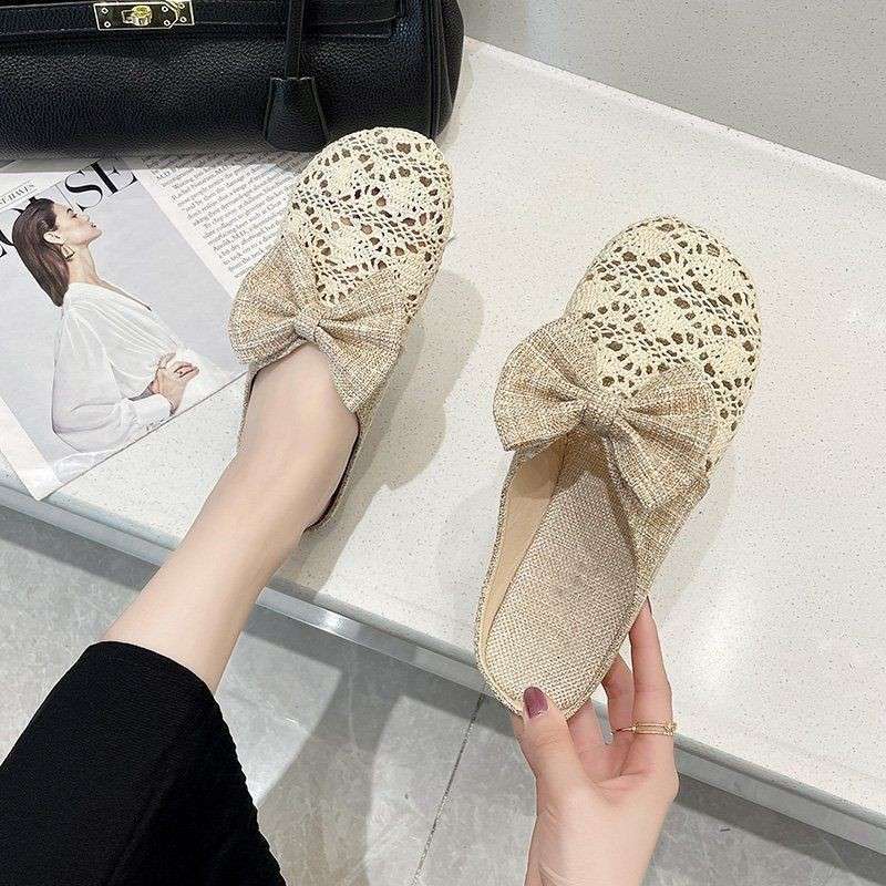 Bow slippers women's 2025 new temperament flat bottom breathable hollow bag head half slippers wearing lace slippers