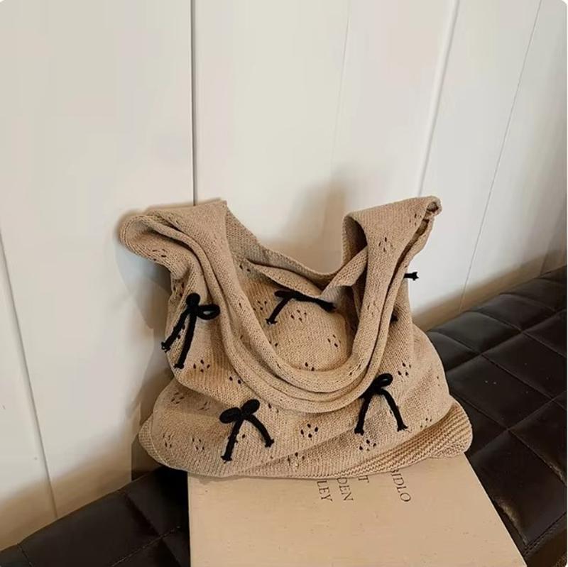 Solid Color Large Capacity Shoulder Bucket Bag Fashionable Knitted Work Commuter Bag Daily Shopper Tote For Women