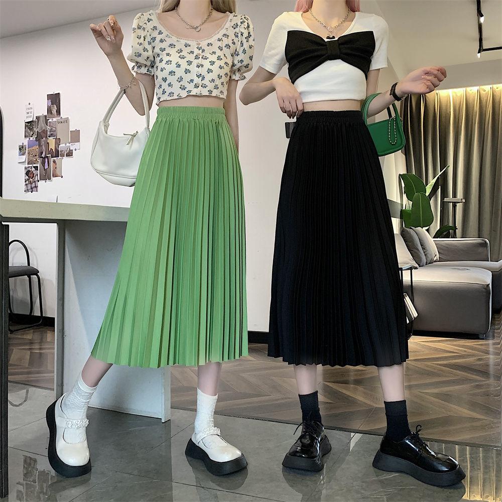 Skirts for Women Fashion Elegant Elastic High Waist Basic Pleated Skirt Solid Casual A Line Summer Midi Skirt