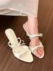 Soft leather version~ nude one-word sandals with bow women's 2025 summer new thin heel versatile casual high heels