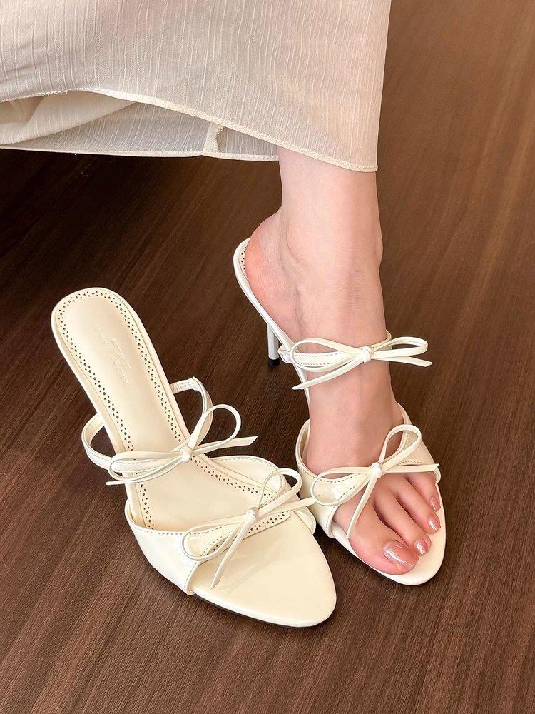 Soft leather version~ nude one-word sandals with bow women's 2025 summer new thin heel versatile casual high heels