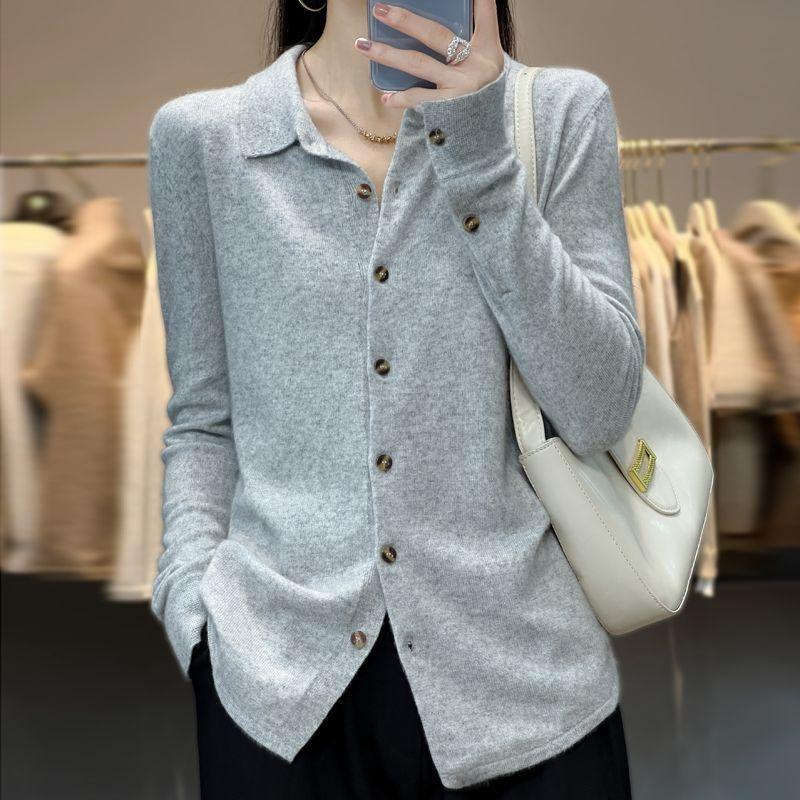 Autumn and Winter Cashmere Sweater Women's Knitted Cardigan POLO Collar Korean Style Sweater Jacket Temperament Lapel Shirt Design