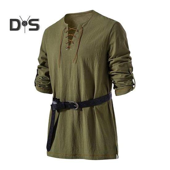 Pánské vintage šněrovací tričko s dlouhým rukávem a límečkem Henry, jarní podzimní jednobarevné tričko pro každodenní nošení, vystoupení, cosplay