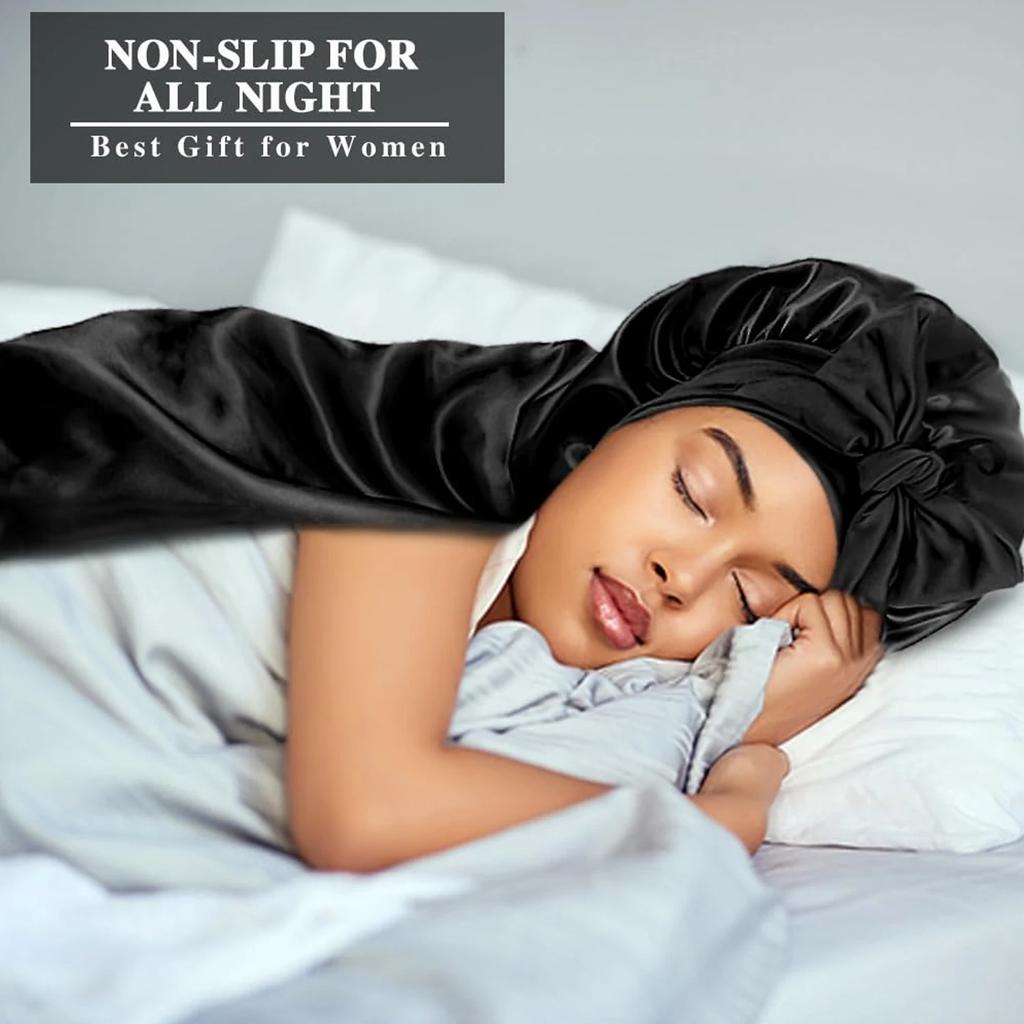 Women's Extra Long Satin Sleep Bonnet, Silk Smooth Elastic Hair Cap for Long Hair, Comfortable Night Sleeping Hat for Braids Loc