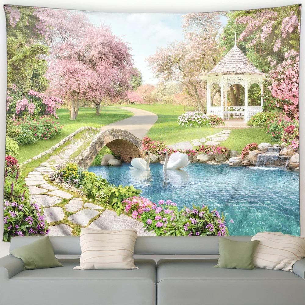 Garden Landscape Pink Cherry Blossom Tapestry Bedroom Living Room Tapestry Home Wall Decoration Tapestry