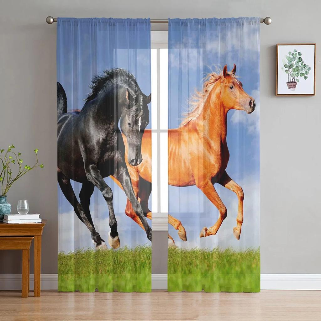 Black White Horse Watercolor Painting Tulle Sheer Window Curtains for Living Room Kitchen Children Bedroom Voile Hanging Curtain
