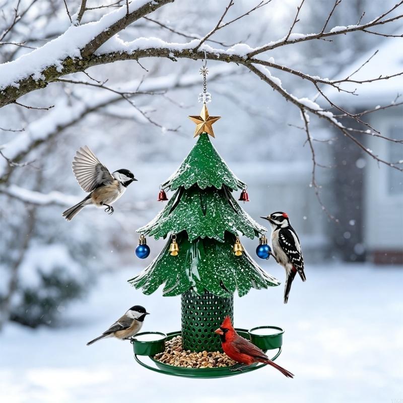 Winter Outdoor Songbird Dining Station for Garden Display, Christmas Tree Form Hanging Accent for Porch and Yard Placement Y5GB