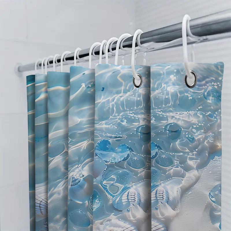 Zasłona prysznicowa o tematyce plażowej z muszlami i niebieską rozgwiazdą - efekt akwareli do wystroju domowej łazienki Podnieś przestrzeń