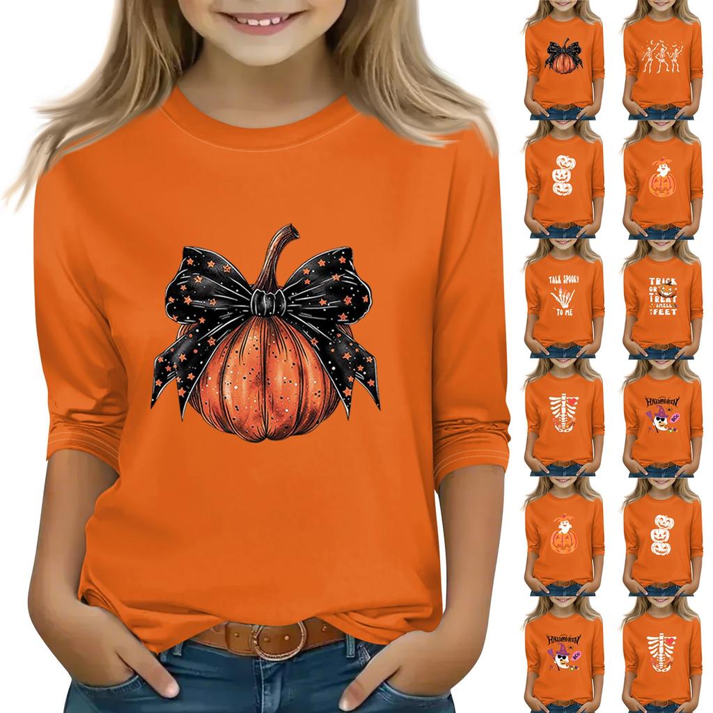 Print Tops For Youth Girls 5-16 Years Round Neck 3/4 Sleeves T-Shirts Trendy Tops Outfit Tees
