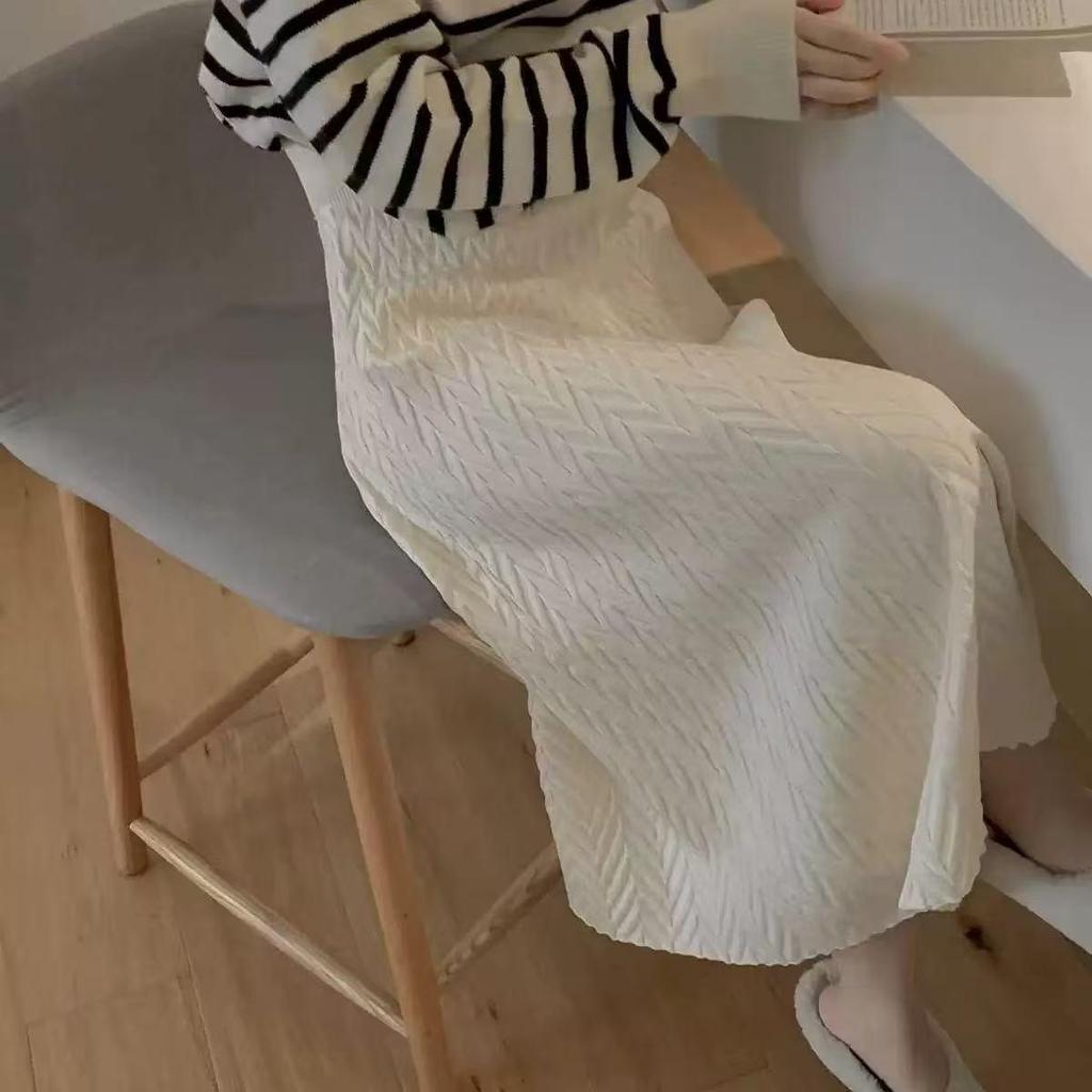 Herbst/Winter A-Linien Strukturierter Lagenstrickrock - Damen Elastischer Bund, Mittellang, Einfarbig