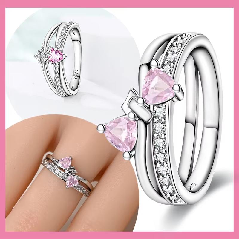 Authentic Copper Metal Metal Valentine's Day Rings Sweet Pink Zircon Princess Bows Designed For Women Ring Romantic High Quality Fine High Quality