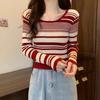 Women's Short and Unique Striped Long Sleeve T-shirt Knitted Base Top Slimming Blouse with Design Sense