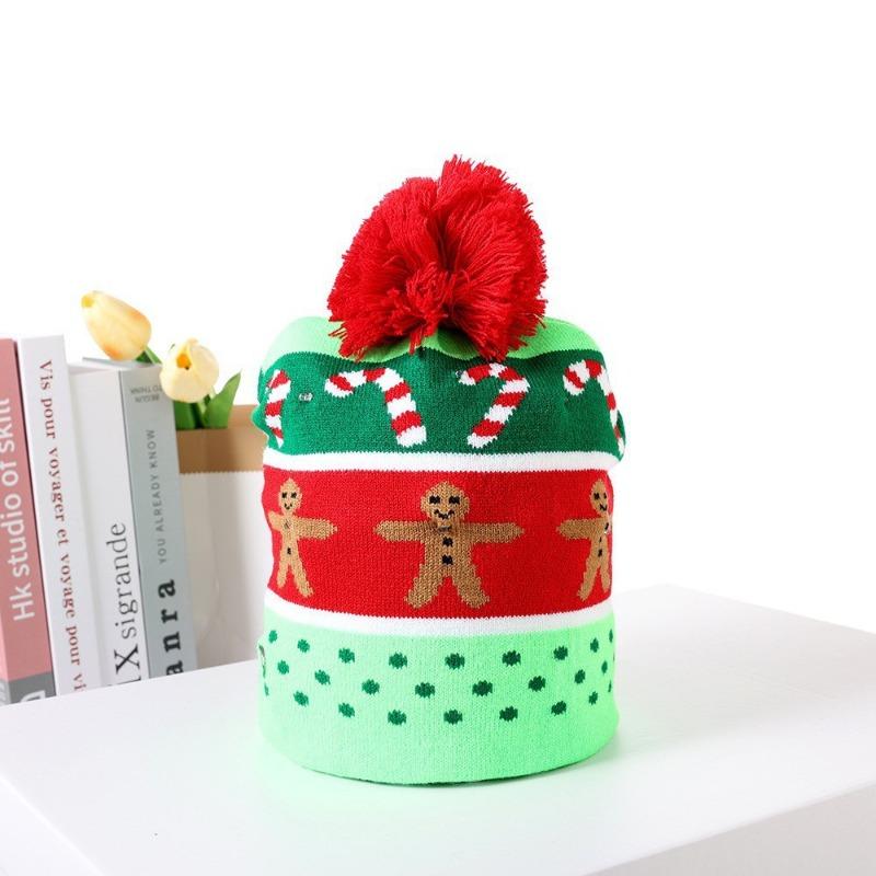 Christmas Decorations Flanged Ball Knitted Hat ED Light Hat Adult Children's Hat, Children's Glowing Christmas Hat