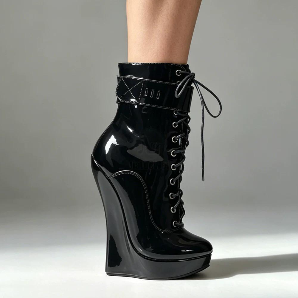 Women Sexy Fetish Super High 18cm Super Wedge Heel Pointed Toe Zipper Cross-tied Ankle BALLET Boots Plus Size