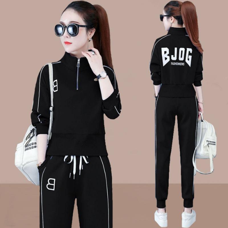 Casual Sportswear Suit for Women, Spring and Autumn High-waisted Stand-up Collar Sweatshirt, Stylish Large Size Long-sleeved Two-piece Set