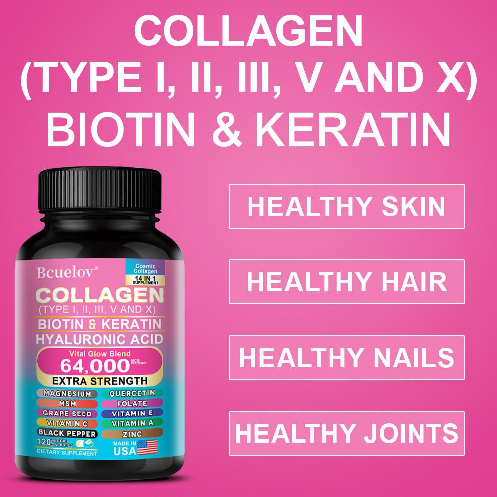 Bcuelov 14 in 1 Kollagenkapseln 64.000 MCG mit Typ I II III V X Biotin Keratin für Hautpflege Haarpflege Nägel und Gelenkschutz 120 Kapseln