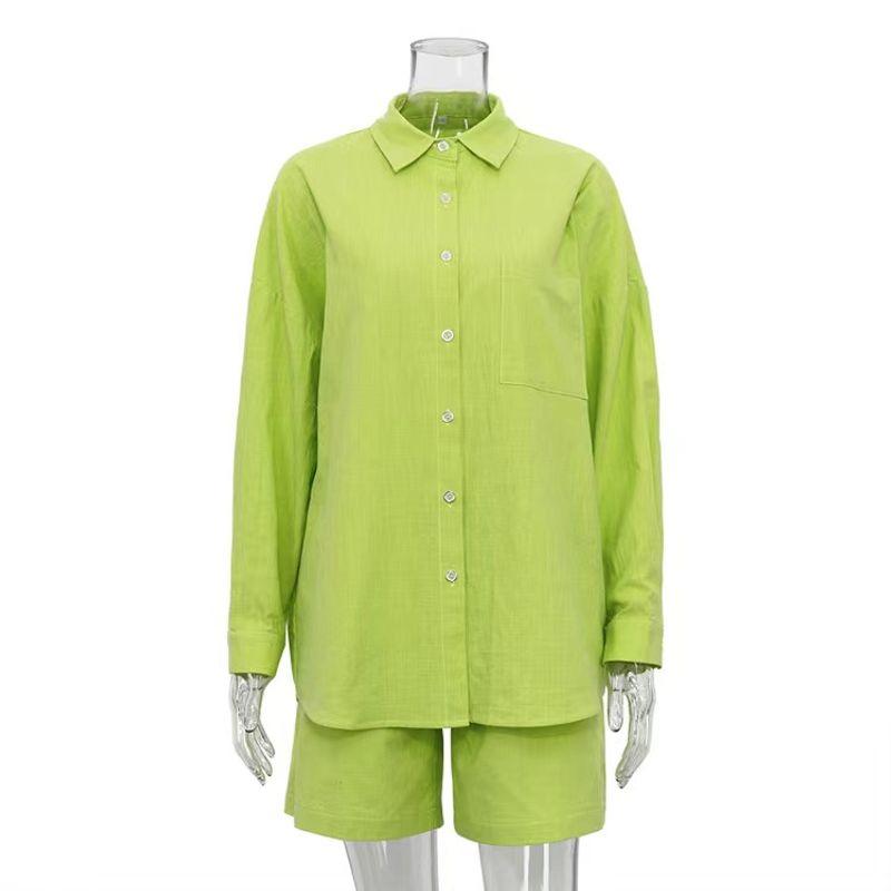 

Western Style Long sleeve Shirts Shorts Loose Set Long Sleeve Shirt and Shorts Set Green L