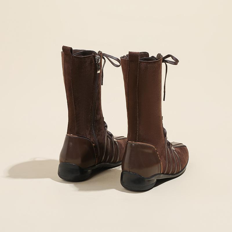 New Retro Knight Short Boots Women's Autumn and Winter Boots Lace-up Western Boots Niche Flat-bottomed Color Matching Short Boots