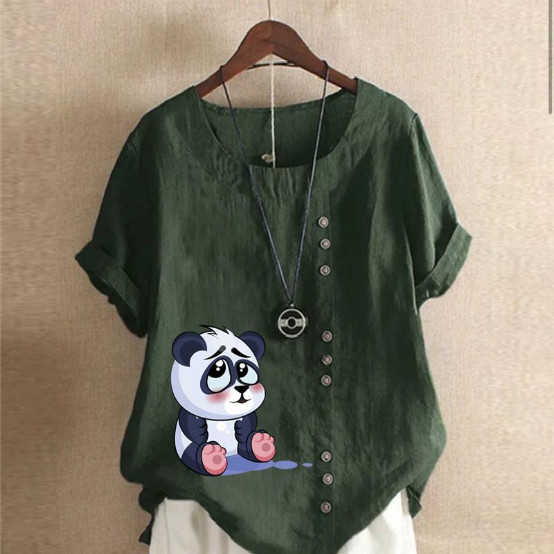 Women's Fashion Summer Round Neck Short Panda Prined Sleeve T-shirt Casual Cotton Linen Graphic Shirt Leisure Loose Blouse Tops Plus Size