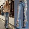 Calças boca de sino para mulheres com estampa floral digital 3D Jeans flare stretch Cintura média Calças jeans retrô com bolsos
