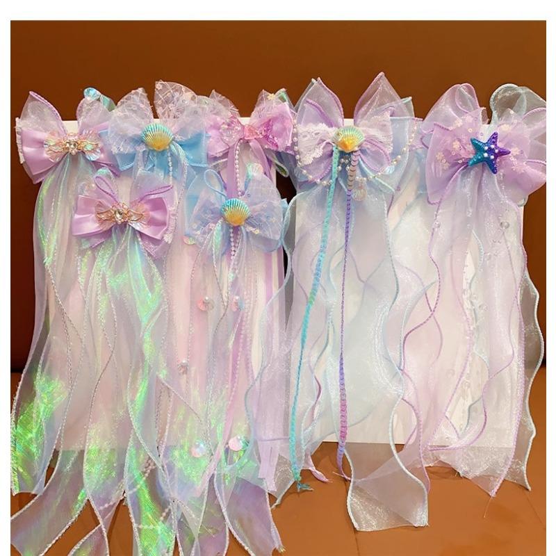 Mermaid Princess Children's Bow Hairpin Super Fairy Floating Yarn Clip Little Girl Birthday Performance Hair Accessories Girl Veil