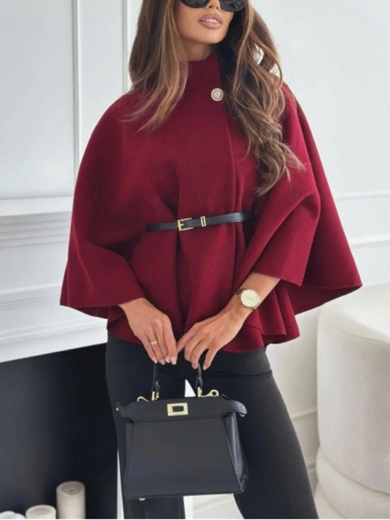 Moda Invernale Donna Stile Elegante Colore Puro Cintura con Cintura Cappotto Mantella in Lana