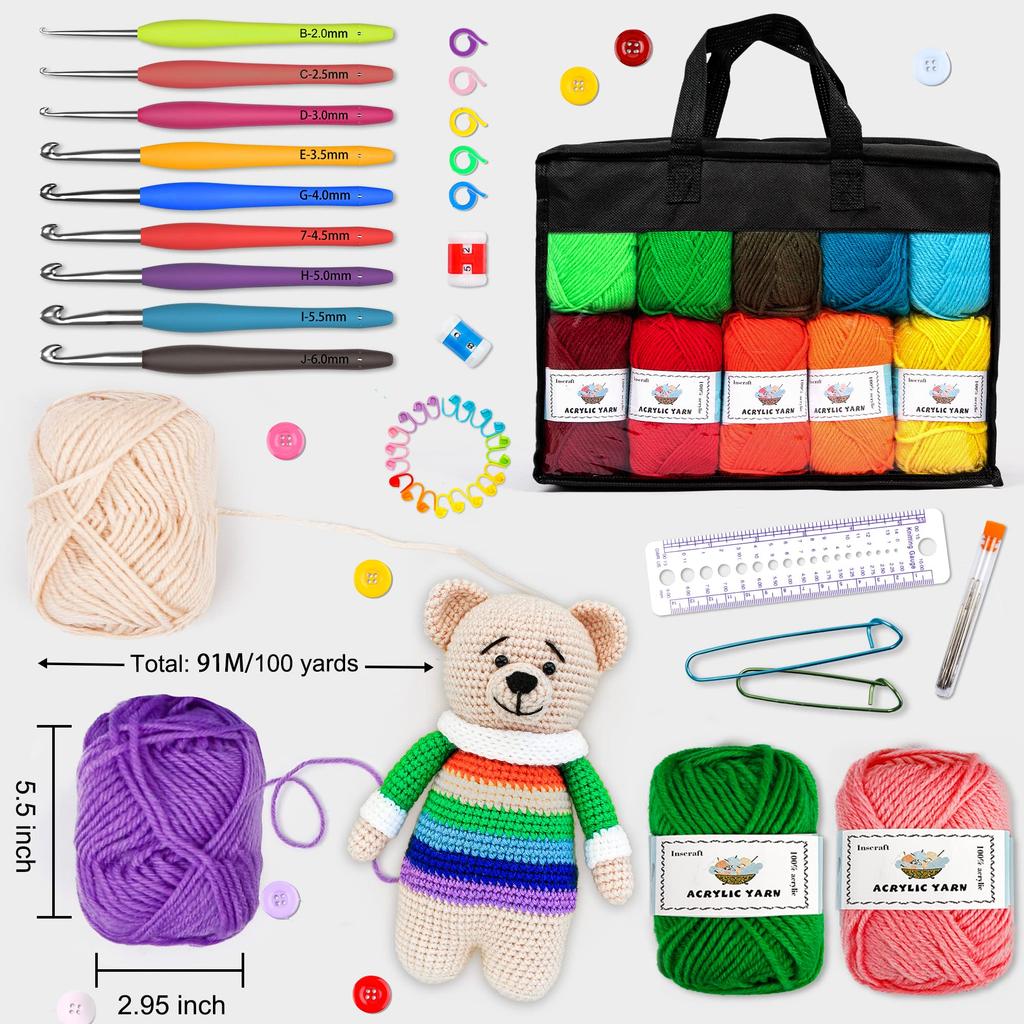 Inscraft Crochet Kit 20 Colors Acrylic Yarn 105 Pcs Bundle for Beginners & Pros