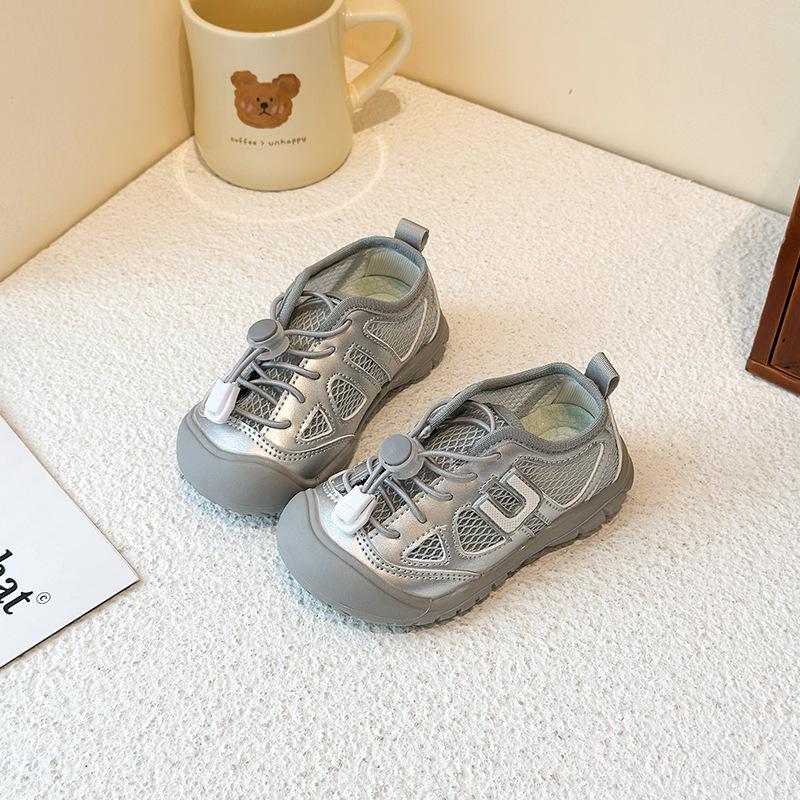 Kids Mesh Panel Quick Lacing Casual Sneakers 23 серебряный