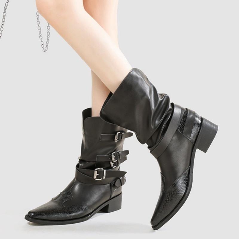 Fashion Fashionable Buckle Strap Boots 2025 Autumn Winter Versatile British Style Women's Boots Street Style Cowgirl Mid Heel Boots