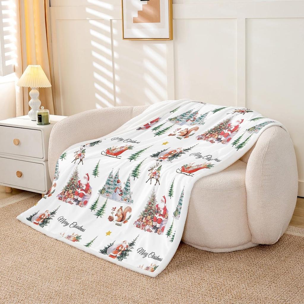 Reindeer Fleece Blanket Santa Claus Warm Plush Sherpa Blanket Sleigh Pine Snowman Squirrel Fuzzy Plush Throw Gift Box Merry
