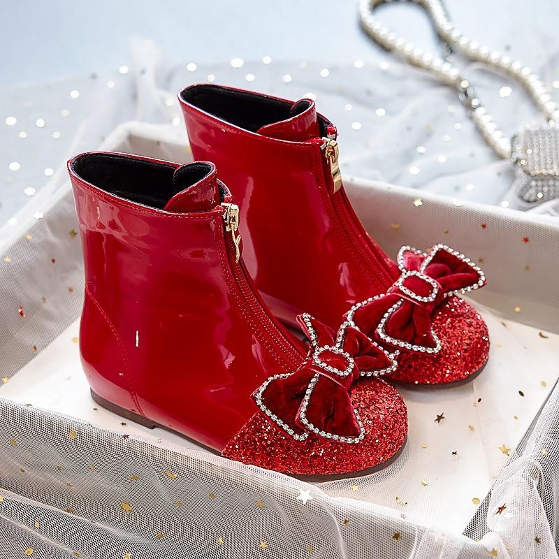 Girls Boots Children's Spring and Autumn Single Boots Baby Boots Winter Plus Velvet Leather Boots Princess Crystal Short Boots