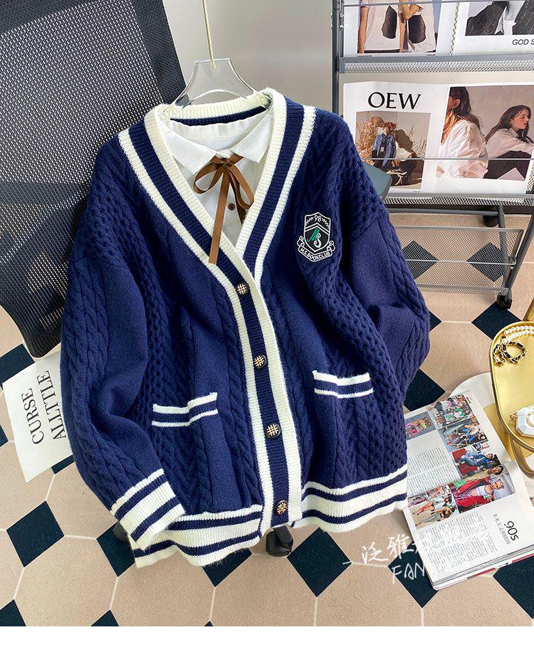 

Женский вязаный кардиган средней длины в студенческом стиле - Коллекция Осень/Зима 2025 One Size темно-синий