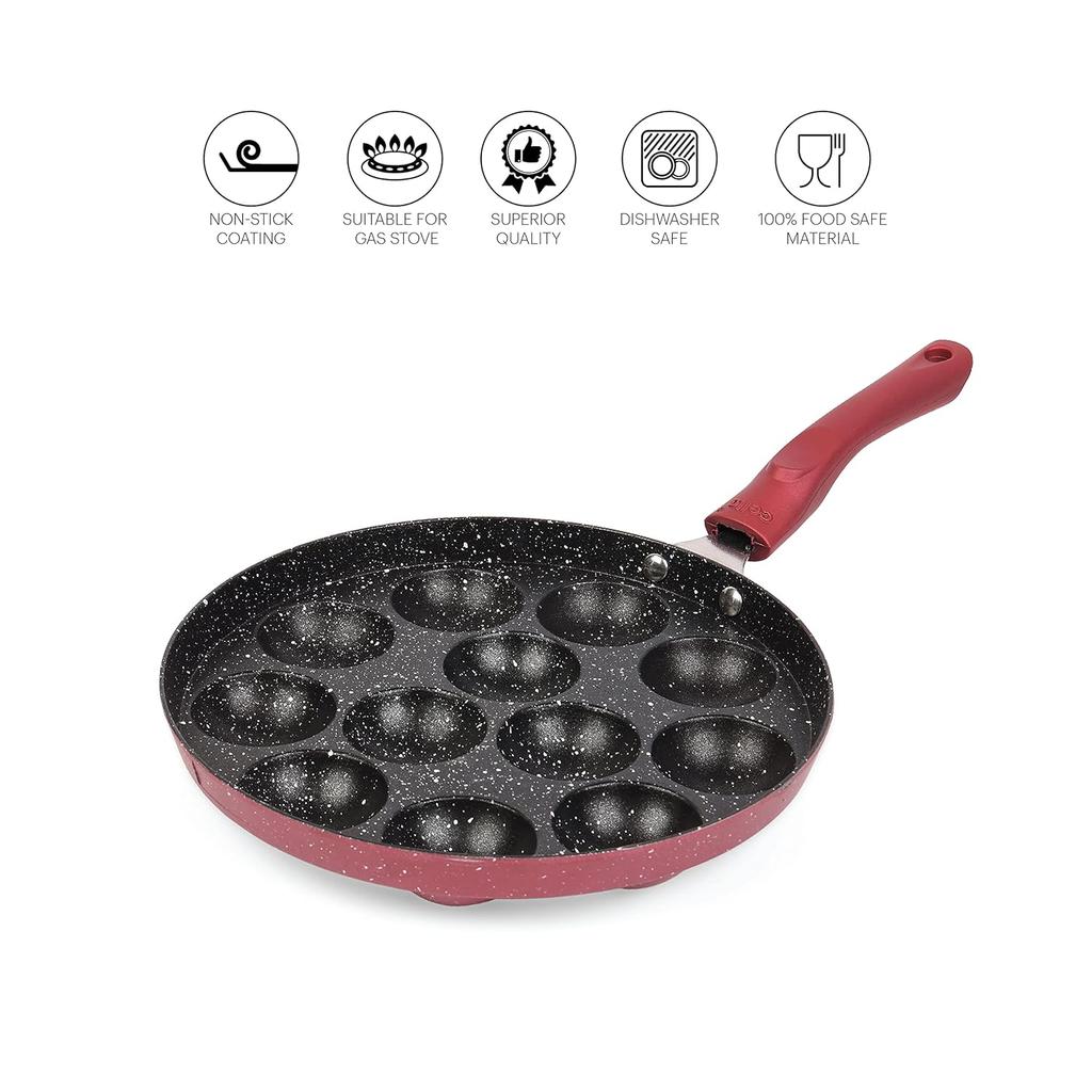 Cello Non Stick 12 Cavity Appam Maker Pan For Healthy Cooking With Easy Grip Handle And Sleek Maroon Finish For Compact Kitchen Style