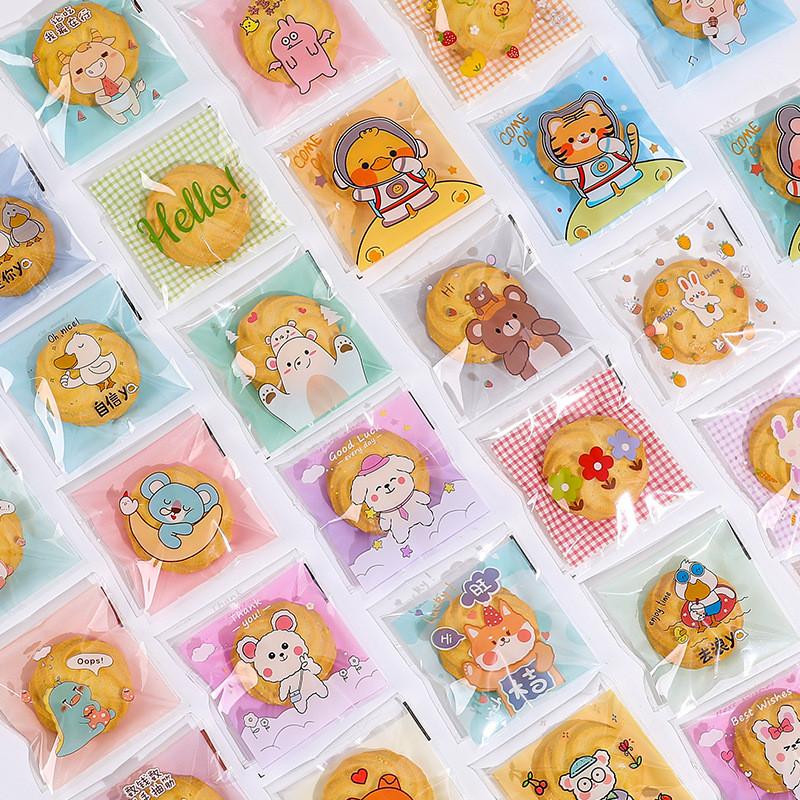 100Pcs 7x7cm/10x10cm Plastic Cartoon Self-Adhesive Bakery Packaging Cookie Snack Candy Bags Birthday Party Gift