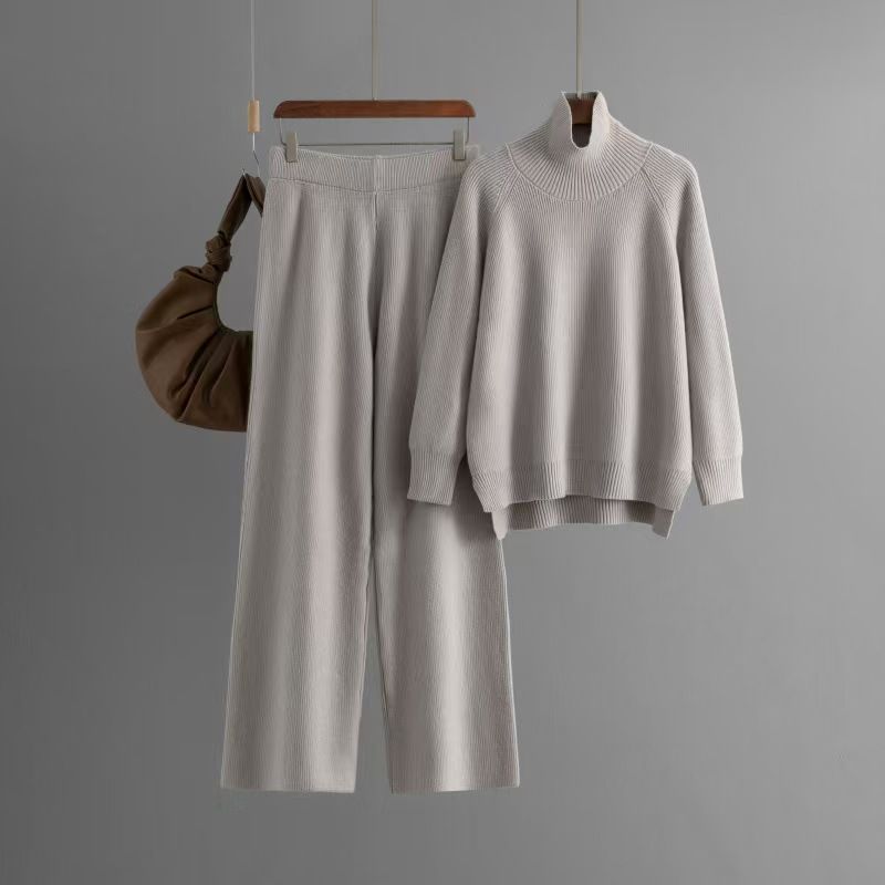 Fashion Pure Color Knitting Turtleneck Sweater Loose Pants Suit Knited Sweater and Pants Set