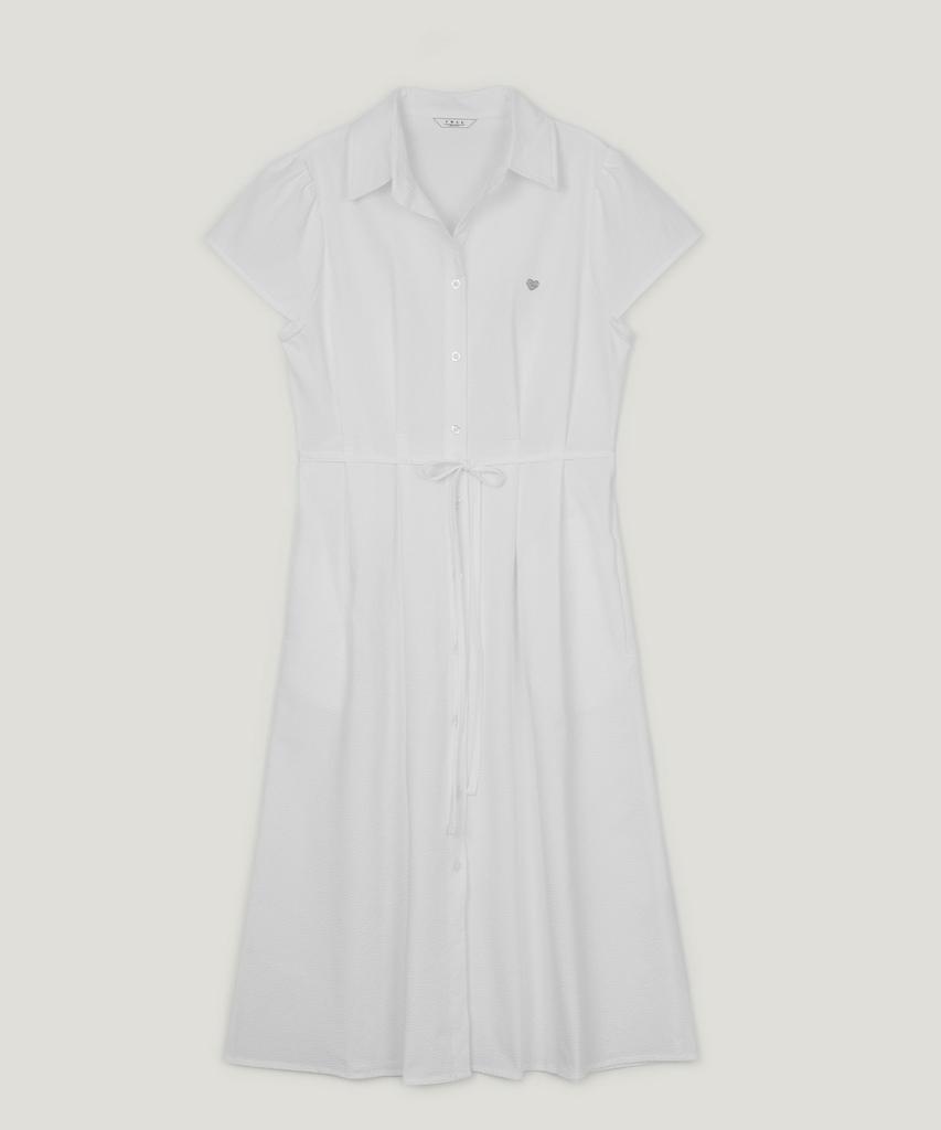 Teuwi D-Ring Open Collar Seersucker Pintuck Long Dress