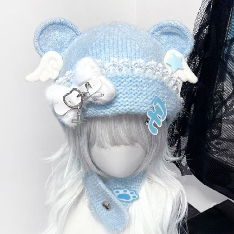 Warm Blue Bear Hat with Ear Furry Caps Cartoon Ear Hat Solid Color Wing Winter Plush Hat for Casual Wear