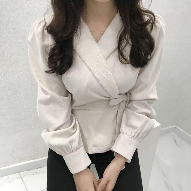 Deep Khaki Suit Collar Waist-Cinching Shirt Tie-up Top for Women - Autumn/Winter 2023 European Style.