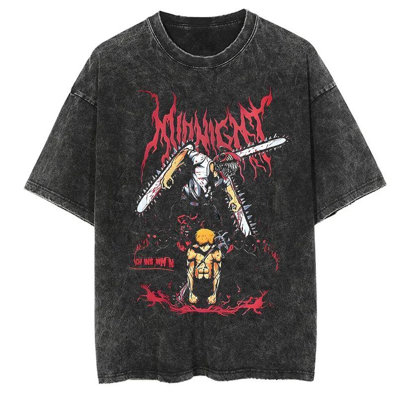 Nouveau T-shirt de haute qualité Chainsaw Man Anime pour hommes et femmes en coton avec impression lavée vintage Streetwear Rétro Hauts de Sport Fitness