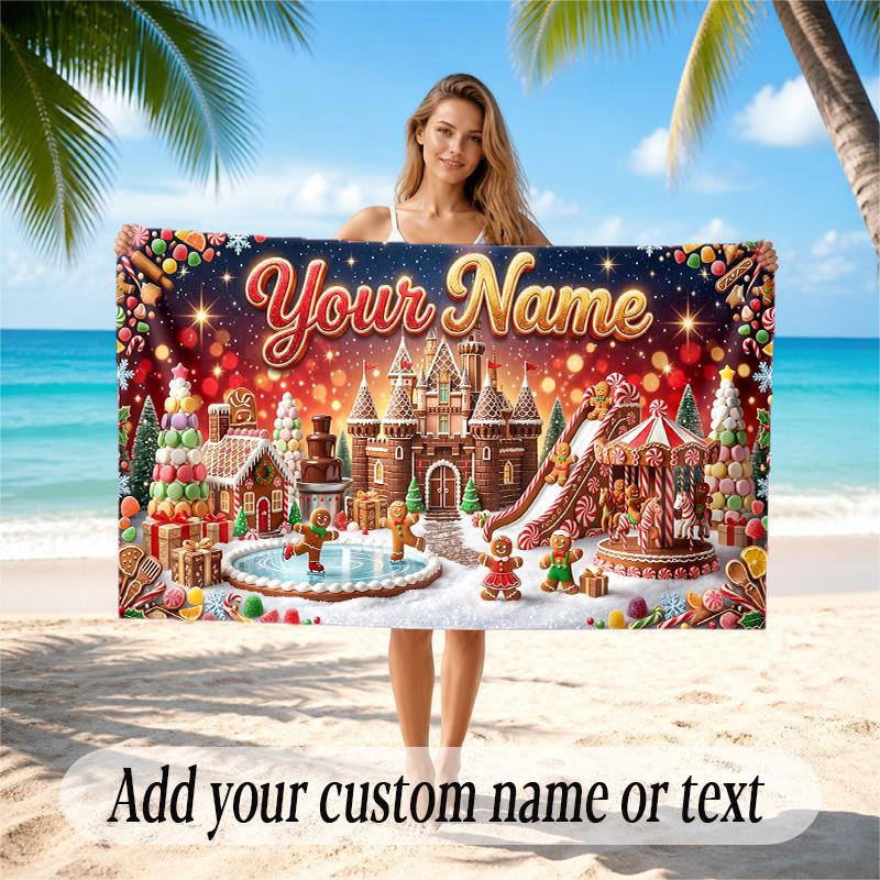 Christmas Theme Quick Dry Beach Towel Custom Name Text Print Large Sand Resistant Towel Beach Vacation
