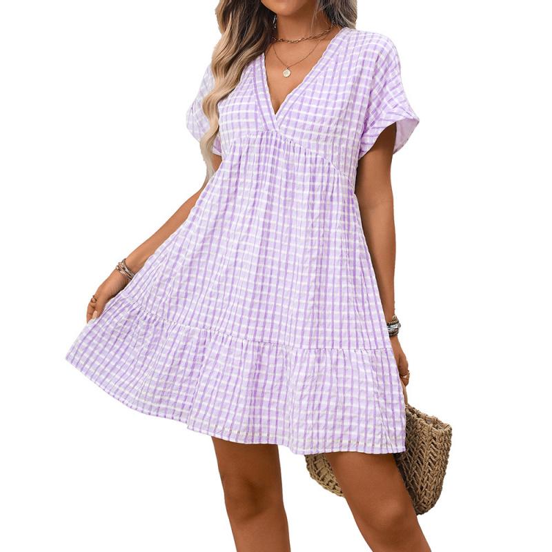 2026 Summer New Women's V-neck Loose Casual Short-sleeve Plaid Dress