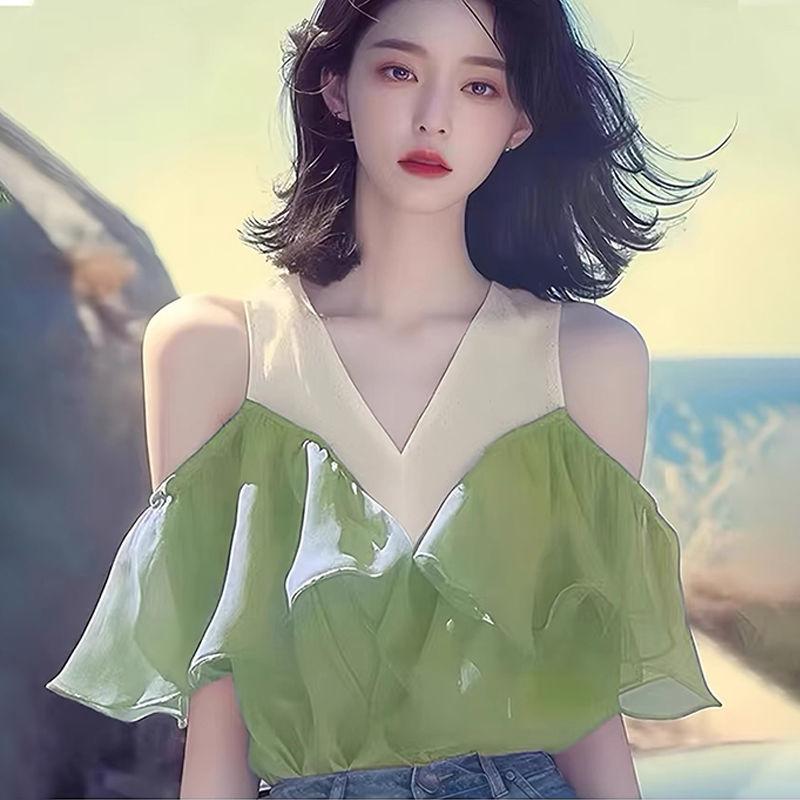 Sleeveless Fake Two-piece Spliced Chiffon Shirt for Women's Summer New Style Stylish Ruffled Edge Off Shoulder Design Top
