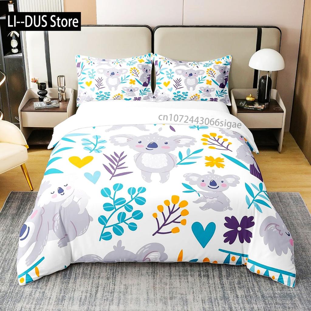 Kawaii Koala Bedding Set Full Size For Kids Boys GirlsCartoon Animal Comforter Set Quilt Duvet Green Leaves Bedroom Decor 3pcs