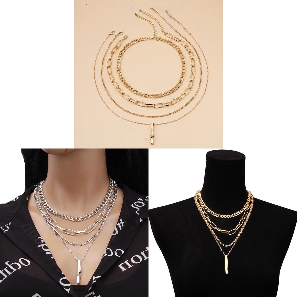 Geometric Alloy Necklace Set With Layered Chains For Unisex Fashion Accessory